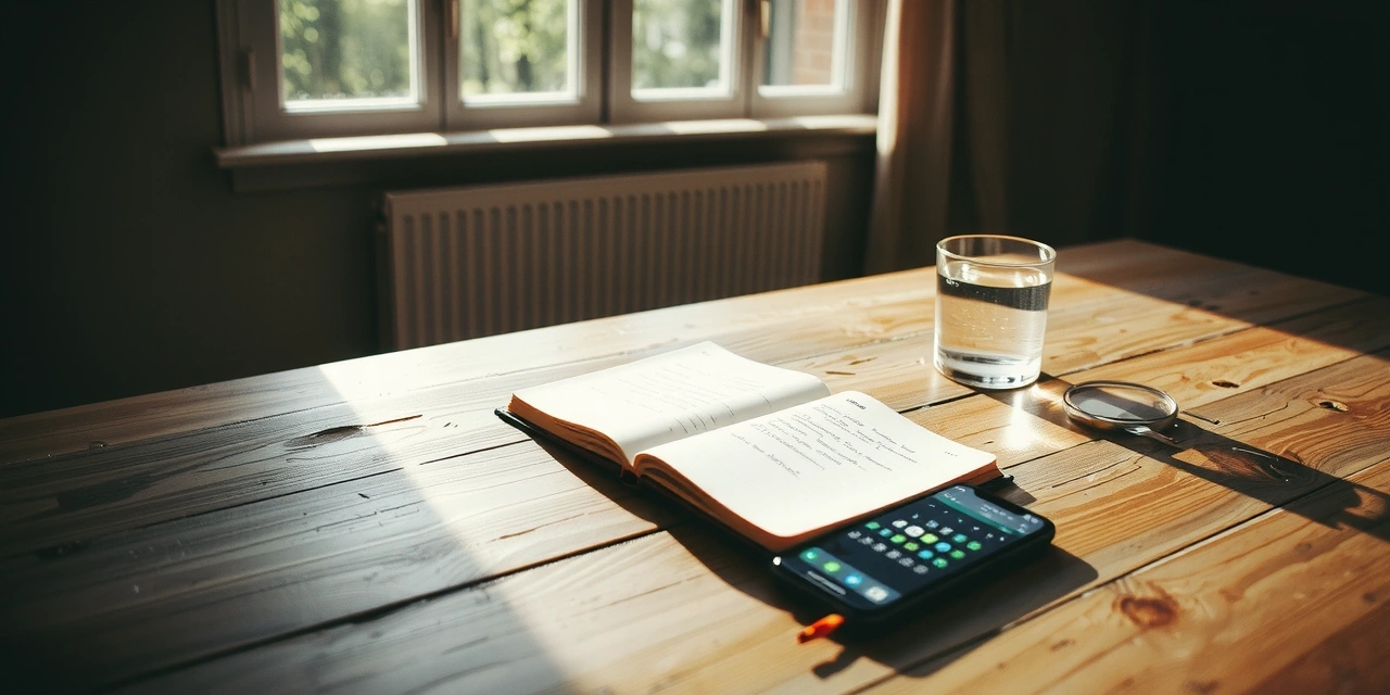 Szenische Aufnahme eines Arbeitsplatzes mit Notizen und Glas Wasser